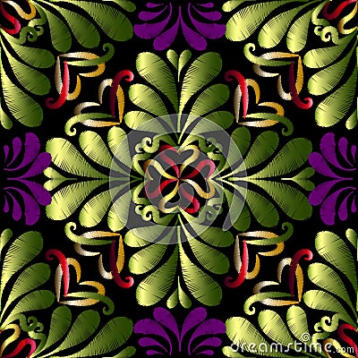 Embroidery green floral vector seamless pattern. Tapestry ornamental textured background. Embroidered ornaments in ethnic style. Vector Illustration