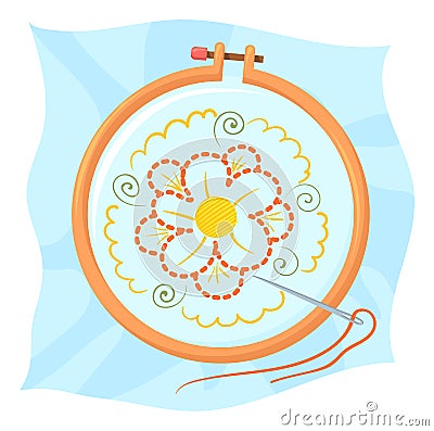 Embroidery hand craft icon. Canvas on wooden hoop Stock Photo