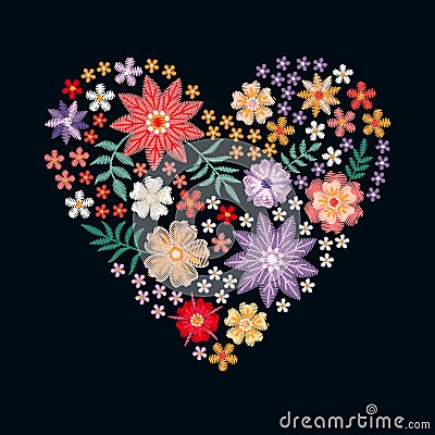 Embroidery heart from flowers. Romantic template for wedding invitation or greeting card. Vector Illustration