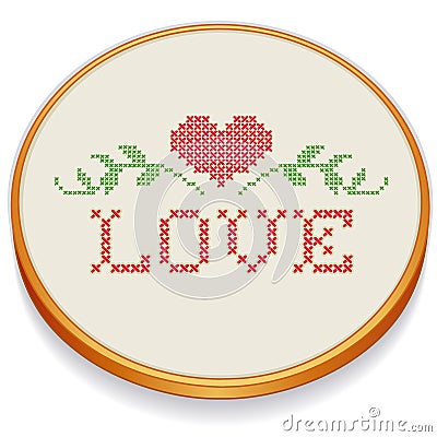Embroidery, Heart and Love in Cross Stitch Vector Illustration