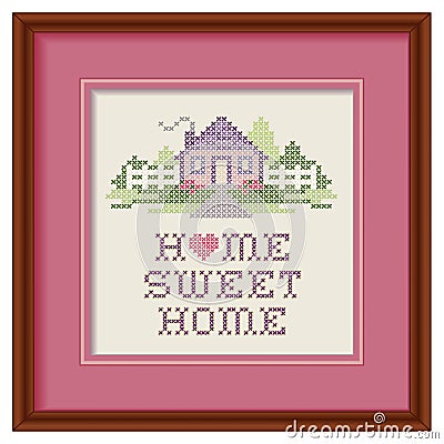 Embroidery Home Sweet Home Cross Stitch Wood Frame Vector Illustration