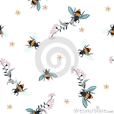 Embroidery honey bee,with flowers Fashion patch with insects ill Cartoon Illustration