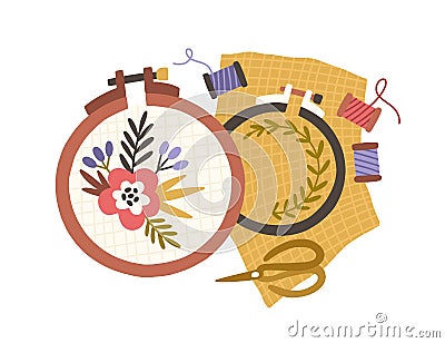 Embroidery hoops, spools of threads and scissors. Handmade needlework on canvas in frame rings. Needlecraft art. Flat Vector Illustration