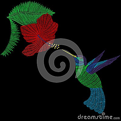 Embroidery hummingbird, exotic tropical bird with hibiskus flower Vector Illustration