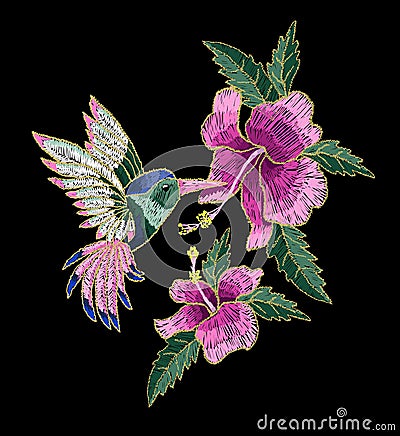 Embroidery hummingbird, hibiscus flowers, butterfly and ladybug. Vector Illustration