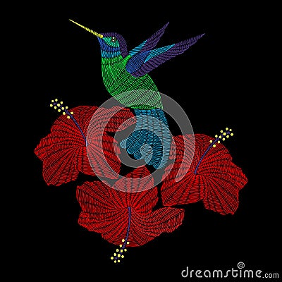 Embroidery hummingbird with hibiskus flowers. Vector fashion Vector Illustration