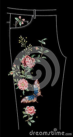 Embroidery jeans floral pattern with roses and butterflies . Vector Illustration