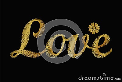 Embroidery lettering word Love. Golden vector Valentine Day Cartoon Illustration