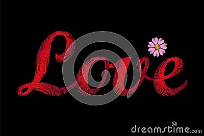 Embroidery lettering word Love. Red stiches field daisy Valentine Day Vector Illustration