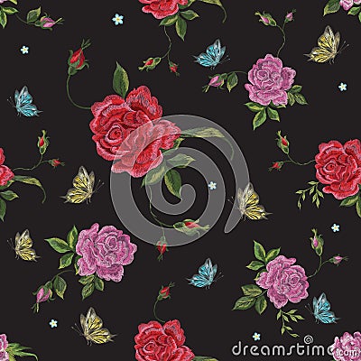 Embroidery native floral seamless pattern with roses and butterf Vector Illustration