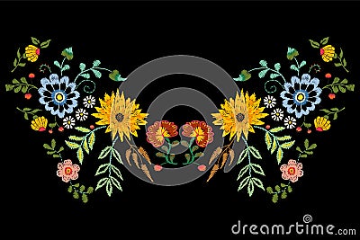 Embroidery native neckline pattern with fantasy flowers. Vector Illustration
