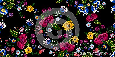 Embroidery native seamless pattern with simplify flowers. Vector Illustration