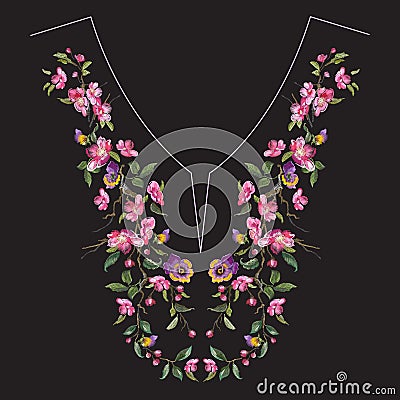 Embroidery neck line floral pattern with oriental cherry blossom Vector Illustration