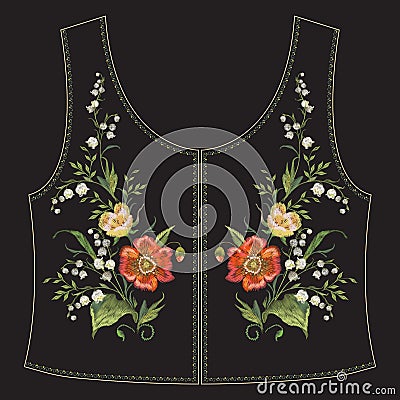 Embroidery neck line floral pattern with poppies and lilies of t Vector Illustration