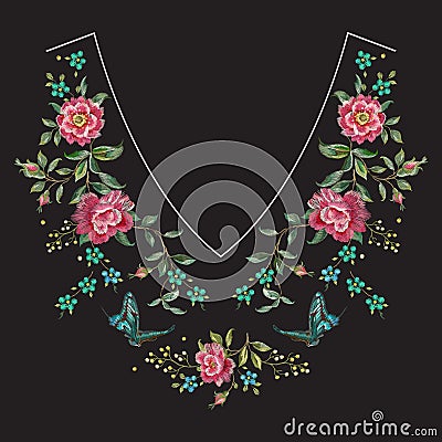 Embroidery neck line floral pattern with roses. Vector Illustration