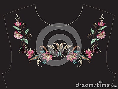 Embroidery for neckline, collar for T-shirt, blouse, shirt. Vector Illustration