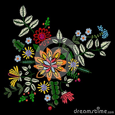 Embroidery neckline floral pattern with bright flowers. Vector Illustration