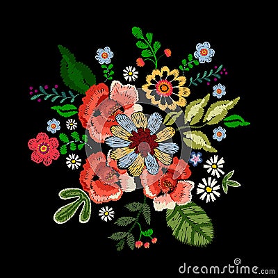 Embroidery neckline floral pattern with ethnic flowers. Vector Illustration