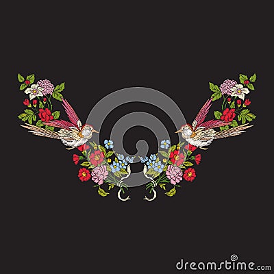 Embroidery neckline with flowers and swallow on black background Vector Illustration