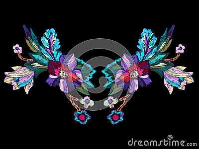 Embroidery neckline pattern with bright flowers. Vector Illustration