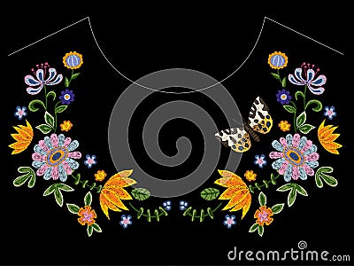 Embroidery neckline pattern with butterfly and flowers. Vector Illustration