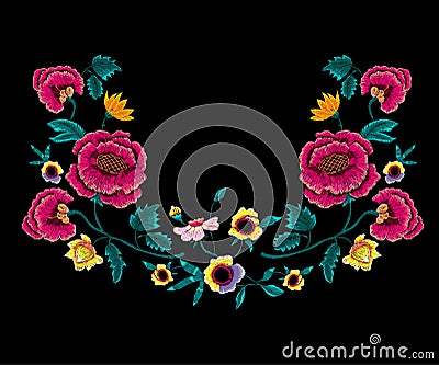 Embroidery neckline pattern with roses and peonies. Vector Illustration