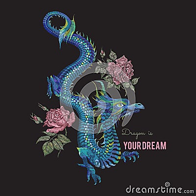 Embroidery oriental floral pattern with blue dragon and red roses. Vector Illustration