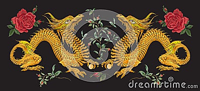 Embroidery oriental floral pattern with dragons and roses. Vector Illustration