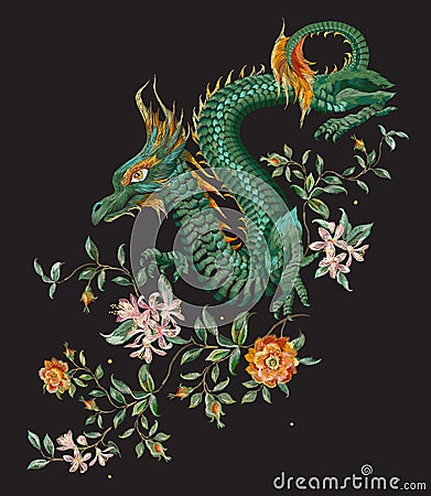 Embroidery oriental floral pattern with green dragon and gold ro Vector Illustration