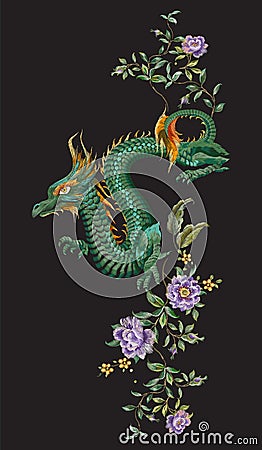 Embroidery oriental floral pattern with green dragon and roses. Vector Illustration