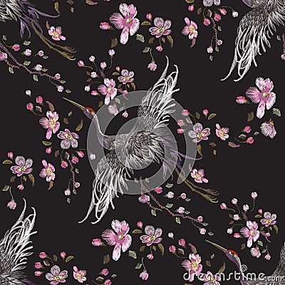 Embroidery oriental seamless pattern with cranes and cherry blossom. Vector Illustration