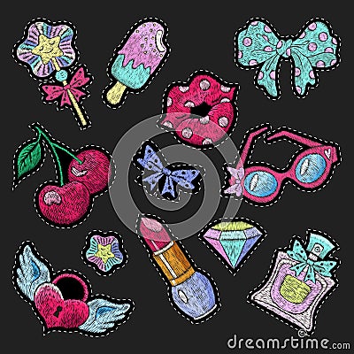 Embroidery patches. Girls patch, silk stitch love fashion stickers for clothes. Pink lips, heart and diamond badges Vector Illustration