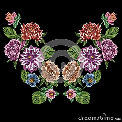 Embroidery peony dahlia chrysanthemum flowers Vector Illustration