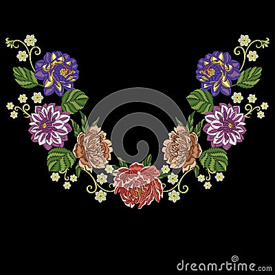 Embroidery peony dahlia chrysanthemum flowers Vector Illustration