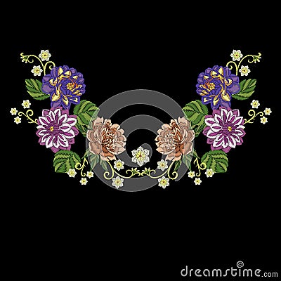 Embroidery peony dahlia chrysanthemum flowers Vector Illustration