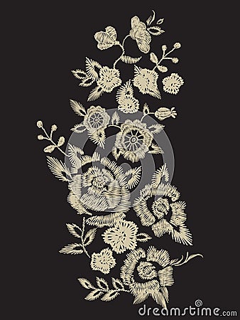 Embroidery plain ethnic neck line pattern with simplified flower Vector Illustration