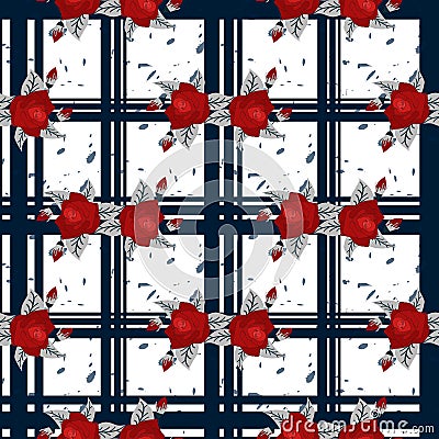 Embroidery red flowers pattern and blue tartan seamless pattern. Good for tablecloth, fabric, tissue. Vector Illustration