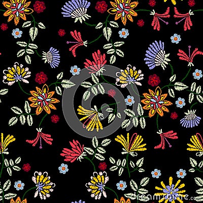 Embroidery repeat pattern with meadow flowers. Vector Illustration