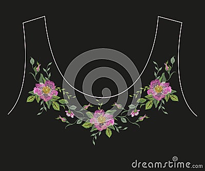 Embroidery romantic ethnic neck line floral pattern with dog roses. Vector Illustration