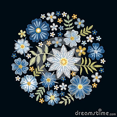 Embroidery. Round pattern with beautiful blue flowers. Floral circle composition on black background. Vector print Vector Illustration