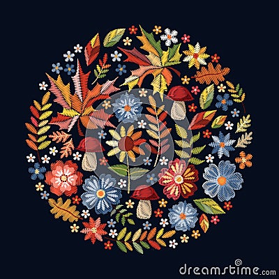 Embroidery. Round pattern with flowers, mushrooms and autumn leaves. Floral circle composition on black background. Vector print Vector Illustration