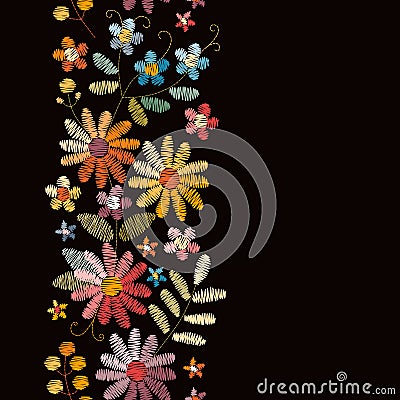 Embroidery seamless border with beautiful summer flowers. Design for greeting and invitation cards. Vector Illustration