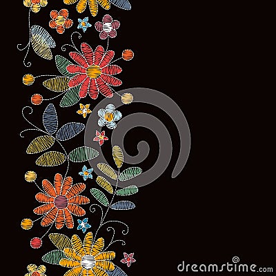 Embroidery seamless border with beautiful summer flowers. Design for greeting and invitation cards. Vector Illustration