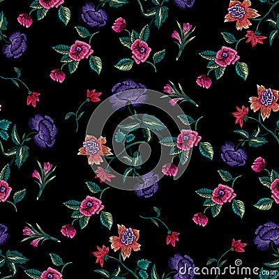 Embroidery seamless floral ethnic pattern with roses and peonies. Vector Illustration