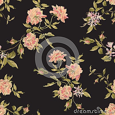 Embroidery seamless floral pattern with peonies blossom. Vector Illustration