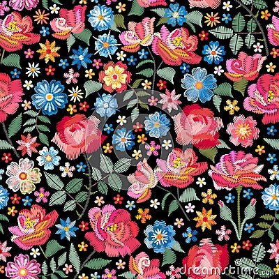 Embroidery seamless pattern with beautiful flowers. Bright floral print with spanish motives. Fashion design with satin stitch. Vector Illustration