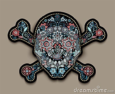 Embroidery flower skull for fashion textile and fabric. Vector vintage floral ornament on dark background. Muertos Dead Vector Illustration