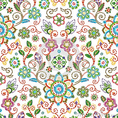 Embroidery seamless pattern with beautiful flowers. Vector floral ornament on white background. Embroidery for fashion Vector Illustration