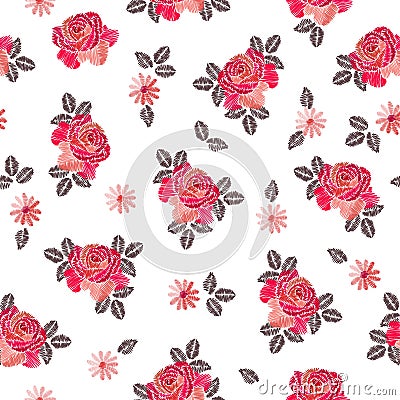 Embroidery seamless pattern with beautiful rose flowers on white background. Vector Illustration