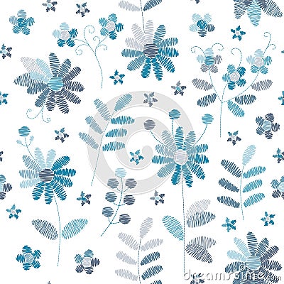 Embroidery seamless pattern with blue flowers on white background. Stylish design for fabric, textile, wrapping paper, print, card Vector Illustration